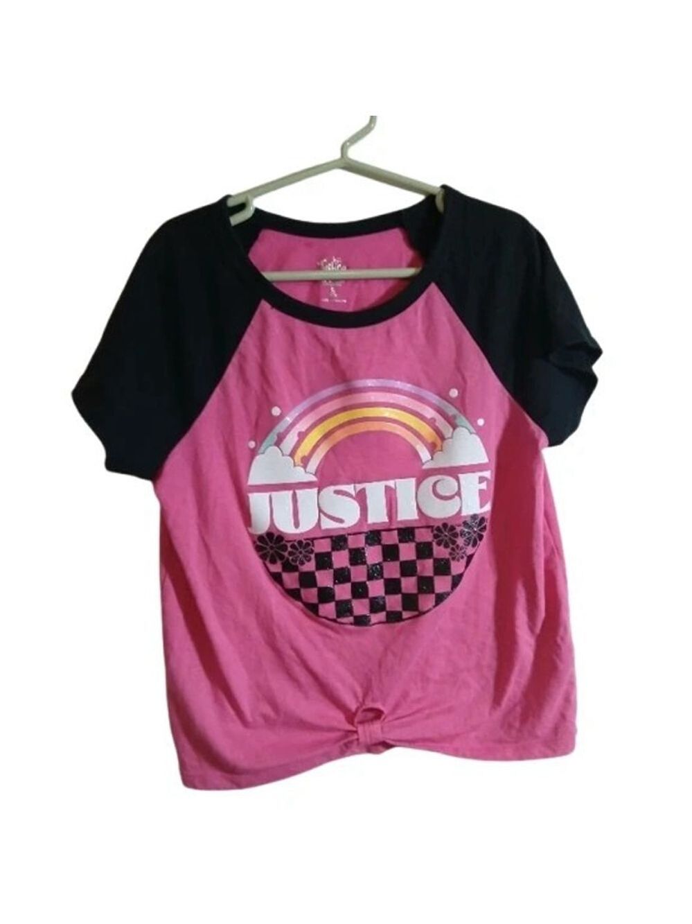 Justice Girls Knot Front Tie T-Shirt Pink Rainbow Glittery Top Size 7/8 Small